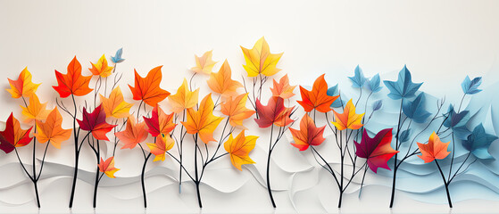 conjunto de hojas secas otoñales en colores azul, rojo, gris, amarillo, anaranjado y marrón, sobre fondo blanco ondulado