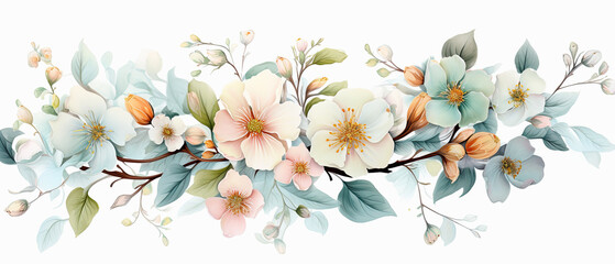 fondo de acuarela  blanco con  flores y hojas, en colores azul bebe, rosa, naranja, blanco y verde . concepto celebraciones - obrazy, fototapety, plakaty