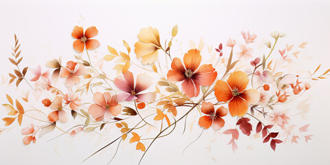 lamina de rama con flores y hojas otoñales sobre fondo blanco, en colores, gris, naranja, blanco, verde y rojo - obrazy, fototapety, plakaty