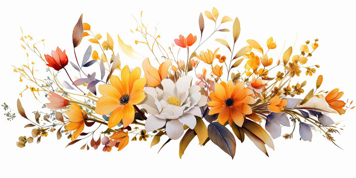hermosa acuarela con flores y hojas oto&ntilde;ales anaranjadas, blancas y verdes sobre fondo blanco, concepto tarjeta para celebraciones