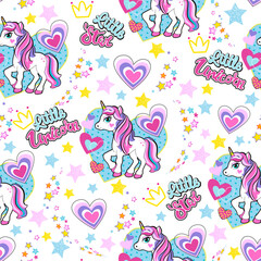 Obraz na płótnie Canvas Fashion abstract seamless pattern with unicorn, hearts and stars for girl. Magic unicorn print