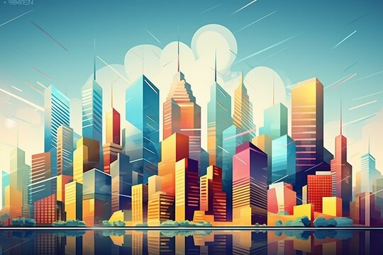 Illustration of contemporary metropolis featuring tall buildings symbolizing business success, multinational companies, finance, and offices. Generative AI