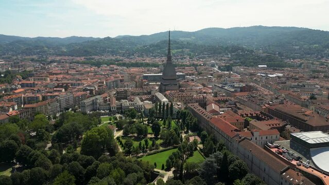 Stunning Aerial drone view of Turin city centre with Mole Antonelliana, Piedmont region of Italy taken in a sunny day 2023