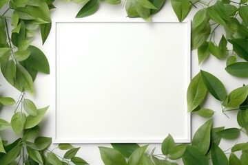 Fototapeta na wymiar creative layout, green leaves with white square frame, flat lay, for advertising card or invitation.