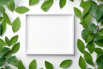 Fototapeta na wymiar creative layout, green leaves with white square frame, flat lay, for advertising card or invitation.