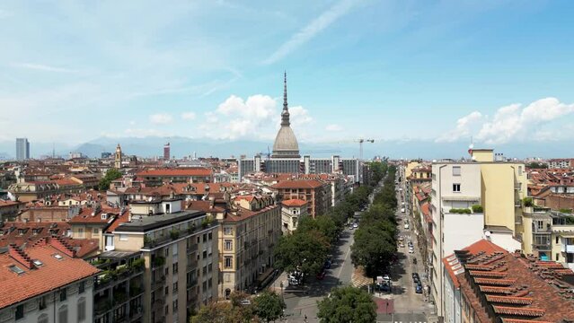 Stunning aerial view of ole Antonelliana in Turin, Italy taken in a sunny day 2023