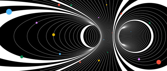 Abstract tunnel wireframe structure. Colorful geometric universe or space concept wallpaper. Futuristic energy lines on dark background. Funnel or vortex texture for banner poster. Vector illustration © vika_k