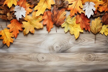 Naklejka na ściany i meble Fall and Autumn leaves on a whitewashed wood plank board
