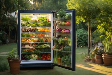 Fridge for outdoor use with a variety of fresh produce. Generative AI