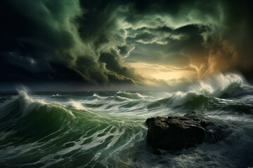 Scenic image of turbulent seascape, ominous sky. Modern artwork. Generative AI