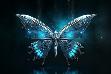 Futuristic butterfly on a blue and gray background. Generative AI