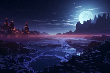 Nighttime Minecraft landscape. Generative AI