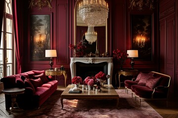 Fototapeta na wymiar Elegant, opulent burgundy room with a contemporary Parisian touch. Generative AI