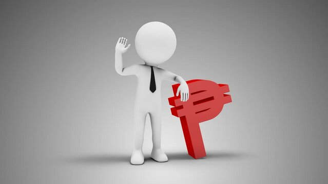 3D Man Waving Hand Leaned To Philippine Peso Sign