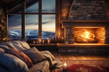 Cozy Winter Evening indoors with Fireplace and Christmas Tree