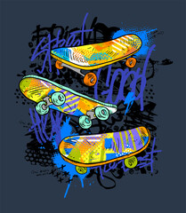 Urban style modern t-shirt with  skateboards and graffiti. Sport extreme style illustration for guys.