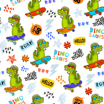 Grunge seamless pattern with cool dinosaur on background. Print for boys
