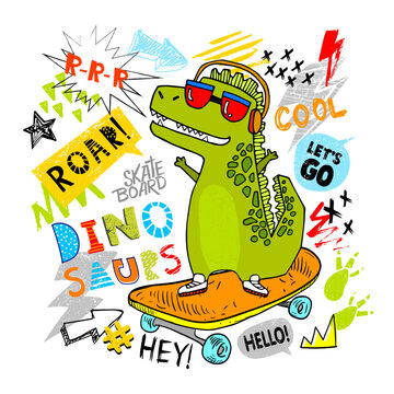 Illustration t-shirts with cool dinosaur on skateboard. Design for little boys