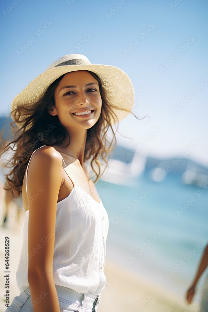 Wall mural young woman in summer beach fashion enjoying summer vacation on the beach. generative ai