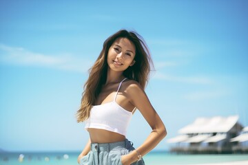 young japanese woman in summer beach fashion enjoying summer vacation on the beach. generative AI