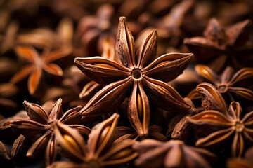 Close-up of star anise seeds used as aromatic spice in cooking and Chinese cuisine. Generative AI