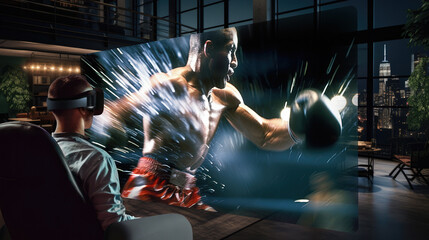 Man using VR goggles to watch a boxing match in his living room