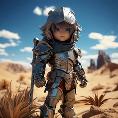 Tuinposter 3d cartoon knight in armor, playing a spear and shield in a desert © SayedAhammed