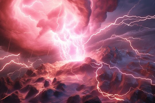 3D rendered image of a vibrant pink electrical storm with tornado vortex and bright lightning storm background. Generative AI