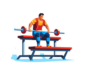 Man exercising with barbell. Man with muscular body lifts a barbell on the shoulders and does squats in the gym. Flat vector illustration