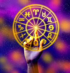 Astrology. Woman touching zodiac wheel on bright background, closeup