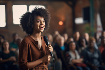 A Young African American business woman engaged in a public speaking event, filled with emotion and feelings - obrazy, fototapety, plakaty