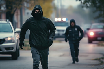 Thief running down the street with police officer chasing. Unrecognizable person in black hoodie and mask running away from police.