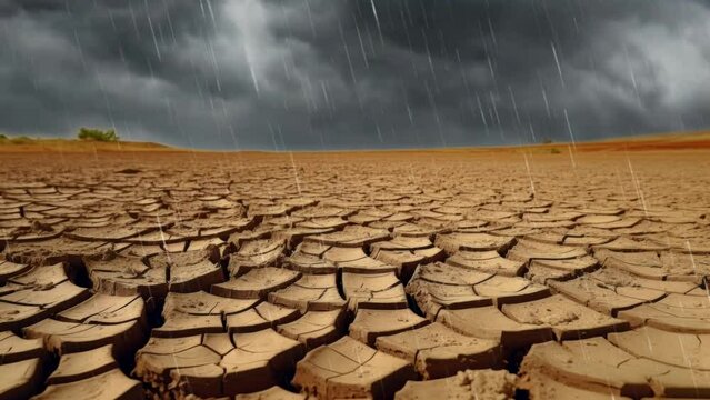 rain fall the the cracked soil on dry land, dry season, with cloudy video