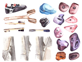 Climbing, bouldering equipment set. Shoes, brushes, coloured rock holders stones, bouldering walls. Watercolor illustration hand draw isolated on white background. For sport design flyers prints logo.