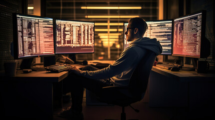 Programmer sitting in front of two large computer monitors with lines of code in a dimly lit office background.