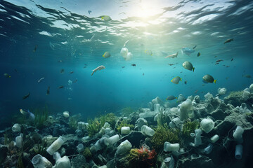 Fototapeta na wymiar Plastic bottles and other waste floating in ocean