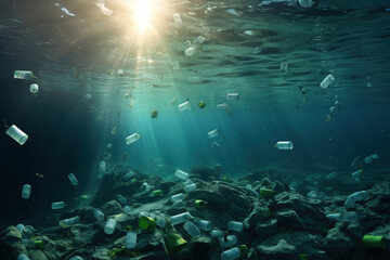Fototapeta na wymiar Plastic bottles and other waste floating in ocean
