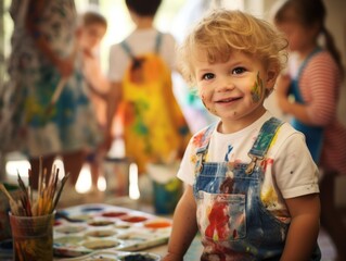 A little boy with paint on his face. Generative AI.