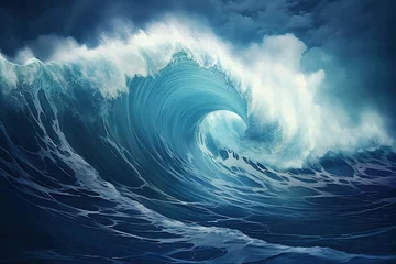 Deurstickers Big waves breaking on an reef along. Blue ocean wave. © arhendrix