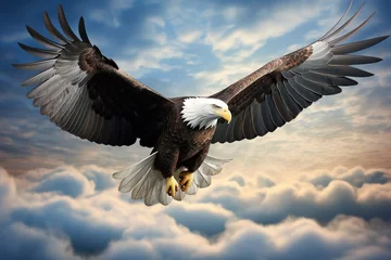 Muurstickers Bald eagle soaring in the sky with wings spread wide. © arhendrix