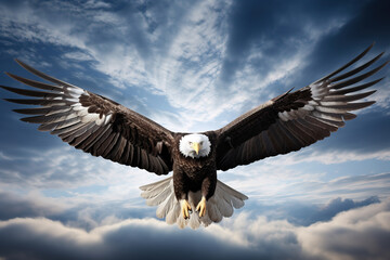 Bald eagle soaring in the sky with wings spread wide. - obrazy, fototapety, plakaty