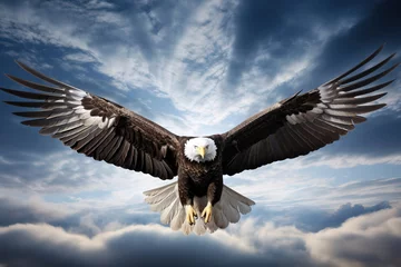 Rolgordijnen Bald eagle soaring in the sky with wings spread wide. © arhendrix