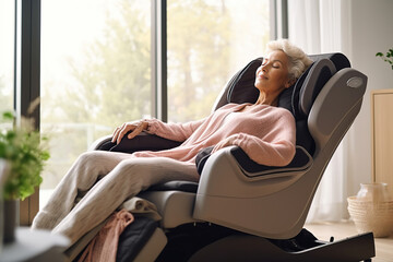 A senior woman is relaxing with her massage chair in the living room while napping. Electric massage chair.