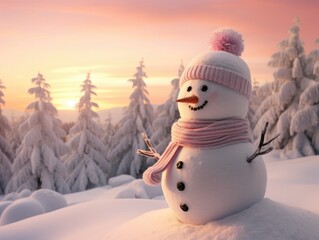 Fototapeta premium A snowman in a pink hat and scarf standing in the snow. Generative AI.