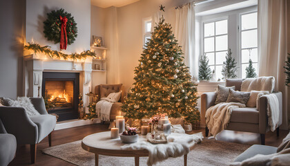 A cozy living room decorated with twinkling lights and a beautifully adorned Christmas tree, creating a warm and festive atmosphere