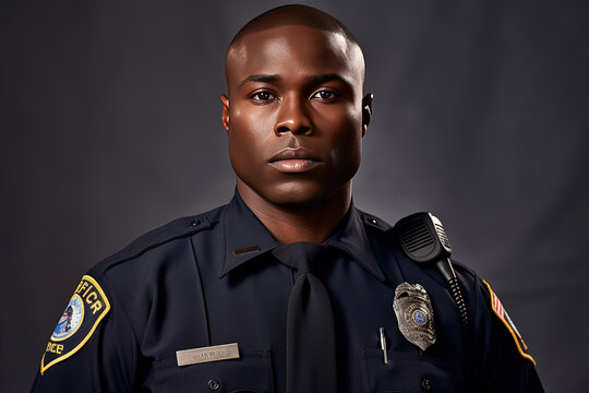 A proud and confident African American male police officer in uniform