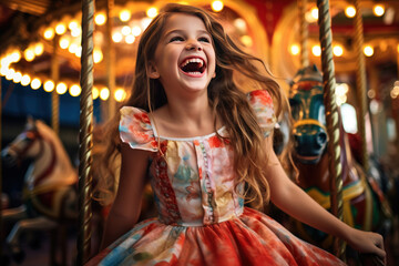 A happy little girl expressing excitement while on a colorful carousel, merry-go-round, having fun at an amusement park