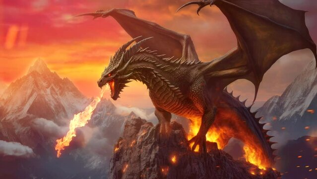 Dragon spewed fire from mouth, above the burning mountain hill, video background movie template 
