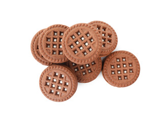 Tasty chocolate sandwich cookies with cream isolated on white, top view