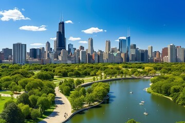 Aerial view of Chicago skyline, lake, and skyscrapers in downtown from Lincoln Park, Illinois, USA. Generative AI